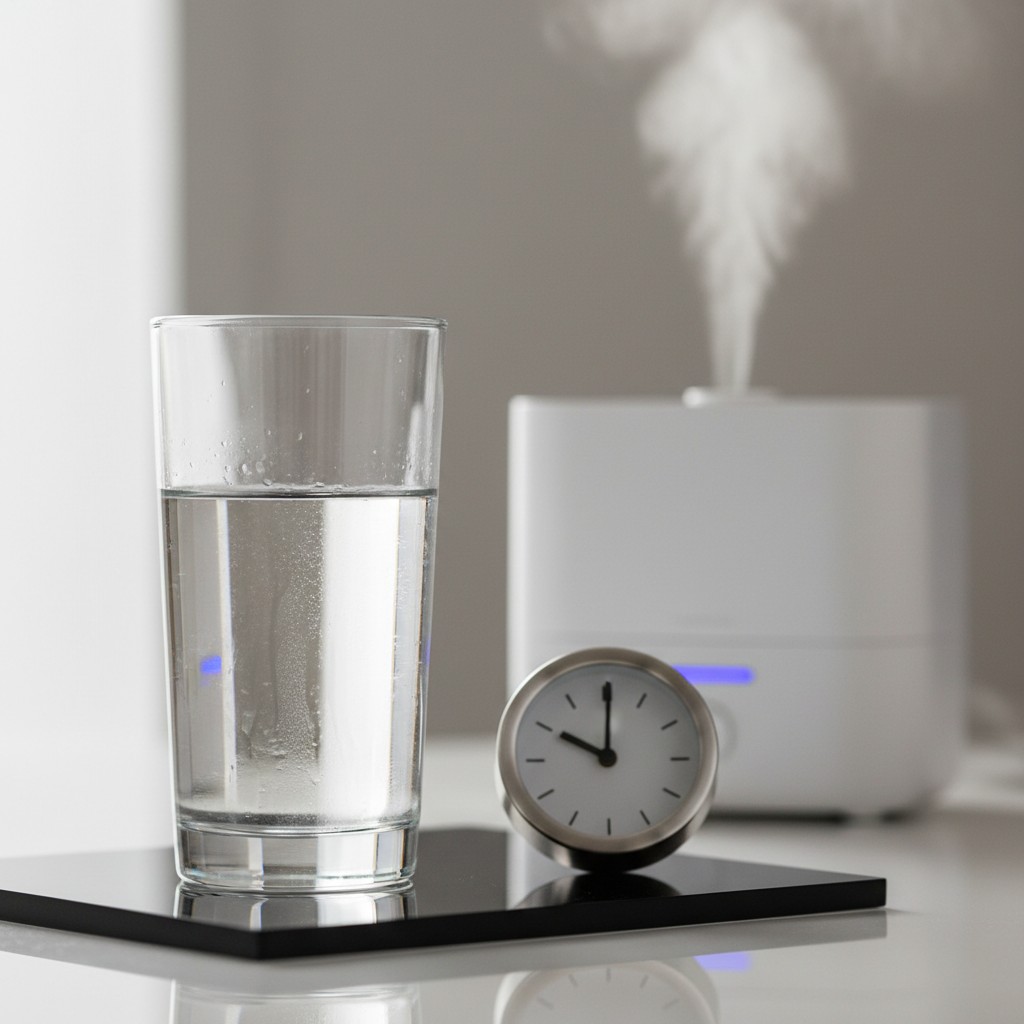 A glass of water on a black surface, with a small round clock in front of it and an air humifier in the background.