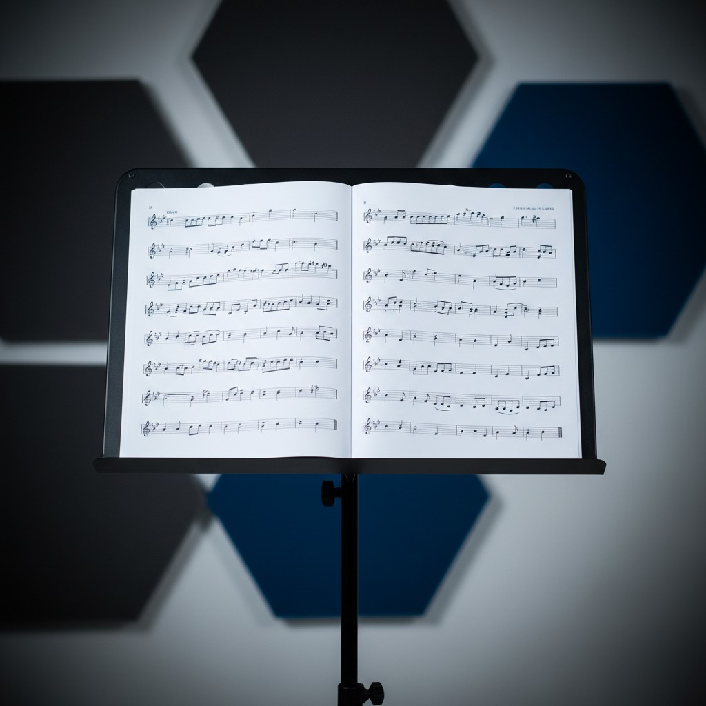 A music stand displaying sheet music in front of a geometrically shaped blur of black, white and gray patterns.