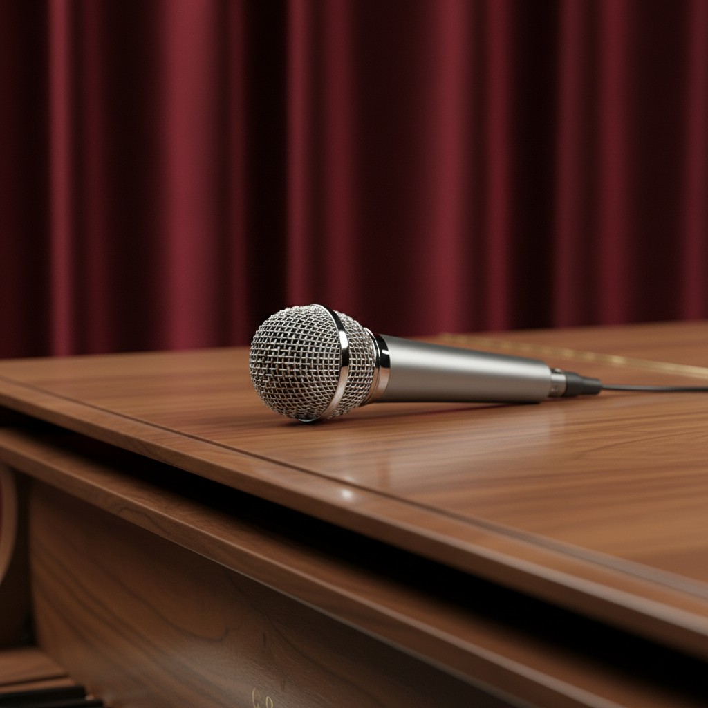 mic on wood table with red curtain background, close-up of richly detailed wood grain and artistic, cage-mesh screen long ...