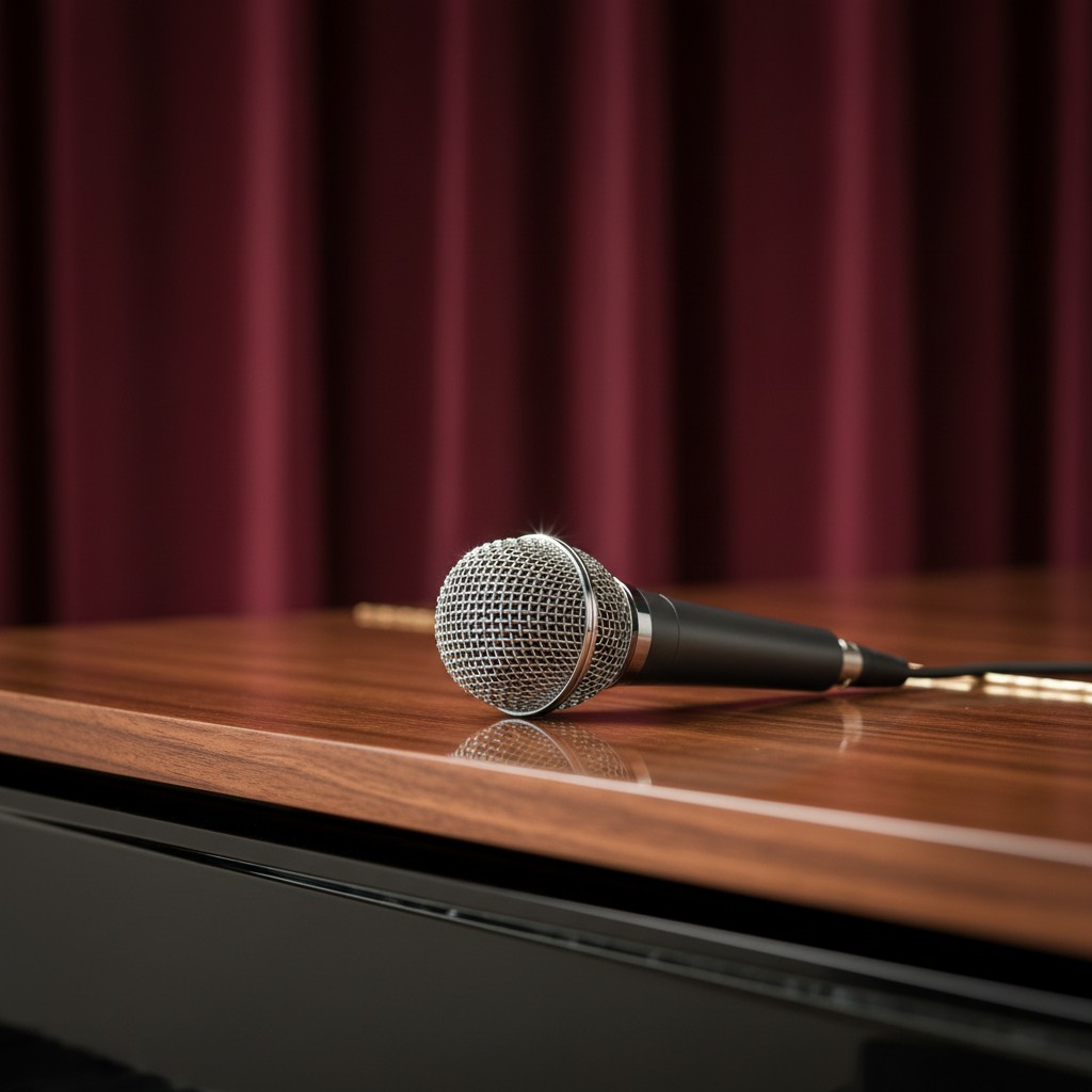 A microphone lies on a wooden stage with a red curtain in the background. Only the microphone is in focus, the rest of the...